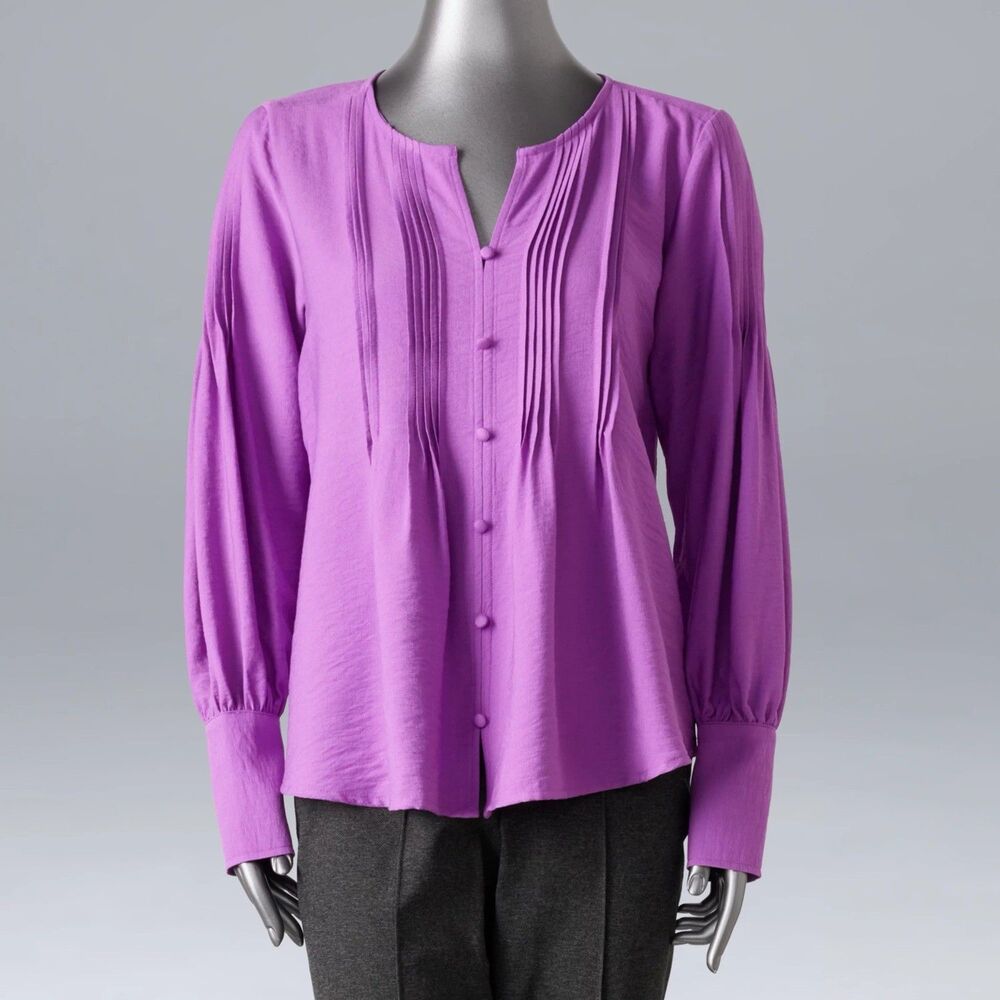 Simply Vera Wang Blouse Size XL Purple Pintuck Stretch Long Sleeve NWOT
